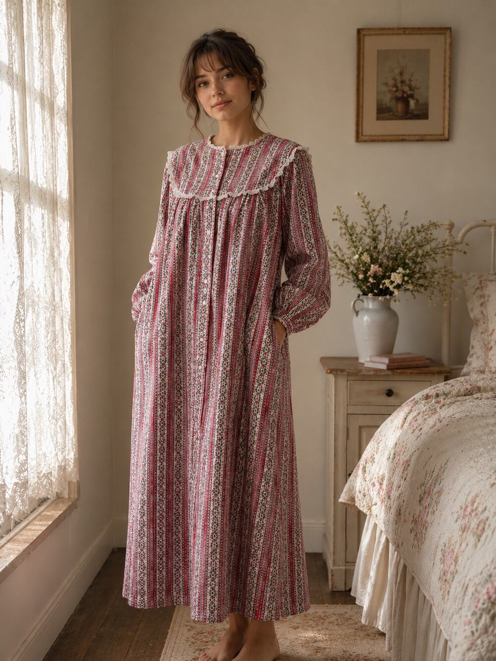 Vintage Lanz Of Salzburg Long Sleeve Floral Stripe Flannel Maxi Nightgown Size M